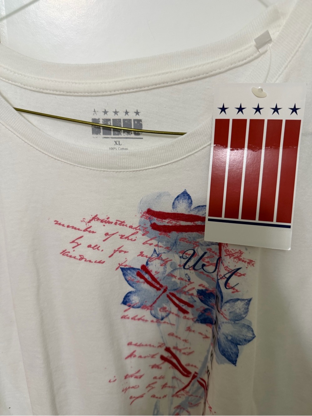 White Graphic Tee with Red & Blue Floral USA Accents